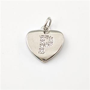 Copper Heart Pendant Pave Zirconia Letter-P Platinum Plated, approx 12mm [FN44005]