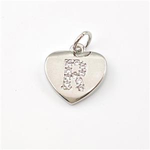 Copper Heart Pendant Pave Zirconia Letter-R Platinum Plated, approx 12mm [FN44007]