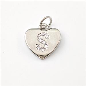 Copper Heart Pendant Pave Zirconia Letter-S Platinum Plated, approx 12mm [FN44008]