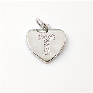 Copper Heart Pendant Pave Zirconia Letter-T Platinum Plated, approx 12mm [FN44009]