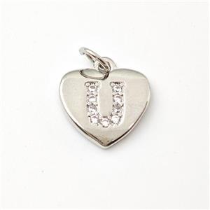 Copper Heart Pendant Pave Zirconia Letter-U Platinum Plated, approx 12mm [FN44010]