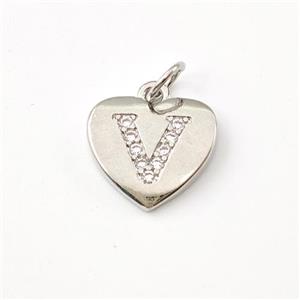 Copper Heart Pendant Pave Zirconia Letter-V Platinum Plated, approx 12mm [FN44011]