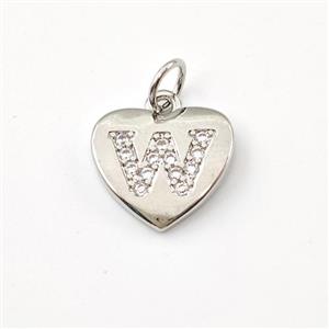 Copper Heart Pendant Pave Zirconia Letter-W Platinum Plated, approx 12mm [FN44012]