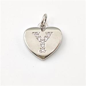 Copper Heart Pendant Pave Zirconia Letter-Y Platinum Plated, approx 12mm [FN44014]