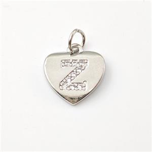 Copper Heart Pendant Pave Zirconia Letter-Z Platinum Plated, approx 12mm [FN44015]