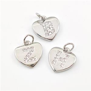 Copper Heart Pendant Pave Zirconia Mix Letters Alphabet Platinum Plated, approx 12mm [FN44016]