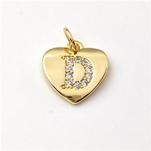 Copper Heart Pendant Pave Zirconia Letter-D Gold Plated, approx 12mm [FN44020]
