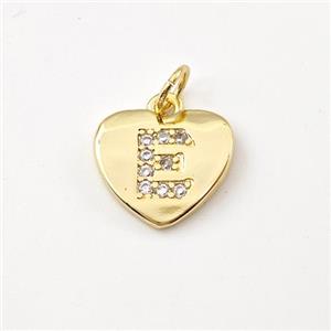 Copper Heart Pendant Pave Zirconia Letter-E Gold Plated, approx 12mm [FN44021]