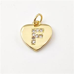 Copper Heart Pendant Pave Zirconia Letter-F Gold Plated, approx 12mm [FN44022]