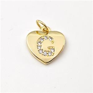 Copper Heart Pendant Pave Zirconia Letter-G Gold Plated, approx 12mm [FN44023]