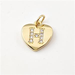 Copper Heart Pendant Pave Zirconia Letter-H Gold Plated, approx 12mm [FN44024]