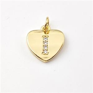 Copper Heart Pendant Pave Zirconia Letter-I Gold Plated, approx 12mm [FN44025]