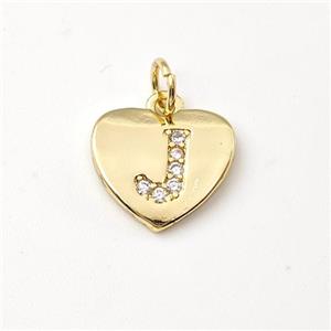 Copper Heart Pendant Pave Zirconia Letter-J Gold Plated, approx 12mm [FN44026]