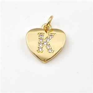 Copper Heart Pendant Pave Zirconia Letter-K Gold Plated, approx 12mm [FN44027]