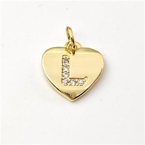 Copper Heart Pendant Pave Zirconia Letter-L Gold Plated, approx 12mm [FN44028]