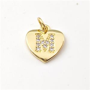 Copper Heart Pendant Pave Zirconia Letter-M Gold Plated, approx 12mm [FN44029]