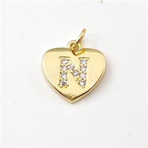 Copper Heart Pendant Pave Zirconia Letter-N Gold Plated, approx 12mm [FN44030]