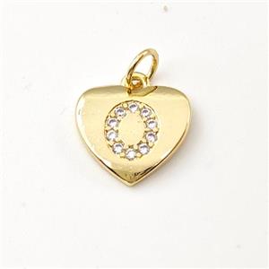 Copper Heart Pendant Pave Zirconia Letter-O Gold Plated, approx 12mm [FN44031]