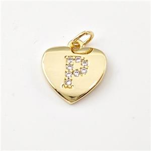 Copper Heart Pendant Pave Zirconia Letter-P Gold Plated, approx 12mm [FN44032]