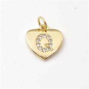 Copper Heart Pendant Pave Zirconia Letter-Q Gold Plated, approx 12mm [FN44033]