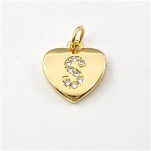 Copper Heart Pendant Pave Zirconia Letter-S Gold Plated, approx 12mm [FN44035]