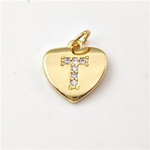 Copper Heart Pendant Pave Zirconia Letter-T Gold Plated, approx 12mm [FN44036]