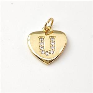 Copper Heart Pendant Pave Zirconia Letter-U Gold Plated, approx 12mm [FN44037]