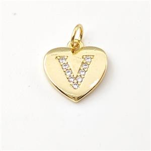 Copper Heart Pendant Pave Zirconia Letter-V Gold Plated, approx 12mm [FN44038]