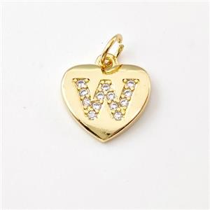 Copper Heart Pendant Pave Zirconia Letter-W Gold Plated, approx 12mm [FN44039]