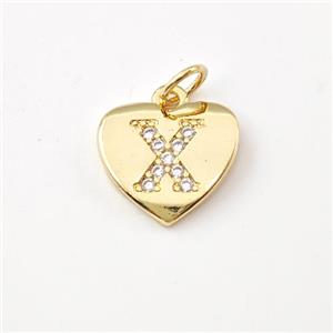 Copper Heart Pendant Pave Zirconia Letter-X Gold Plated, approx 12mm [FN44040]
