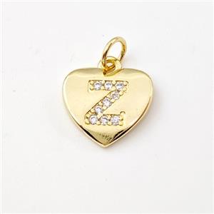 Copper Heart Pendant Pave Zirconia Letter-Z Gold Plated, approx 12mm [FN44042]