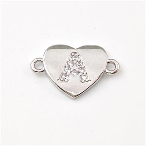 Copper Heart Connector Pave Zirconia Letter-A Platinum Plated, approx 12mm [FN44044]