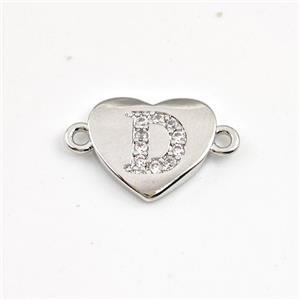 Copper Heart Connector Pave Zirconia Letter-D Platinum Plated, approx 12mm [FN44047]