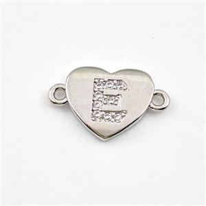 Copper Heart Connector Pave Zirconia Letter-E Platinum Plated, approx 12mm [FN44048]