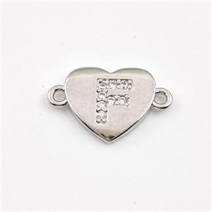 Copper Heart Connector Pave Zirconia Letter-F Platinum Plated, approx 12mm [FN44049]