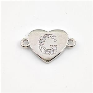 Copper Heart Connector Pave Zirconia Letter-G Platinum Plated, approx 12mm [FN44050]