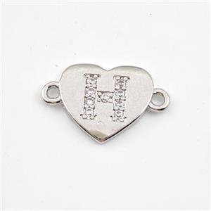 Copper Heart Connector Pave Zirconia Letter-H Platinum Plated, approx 12mm [FN44051]