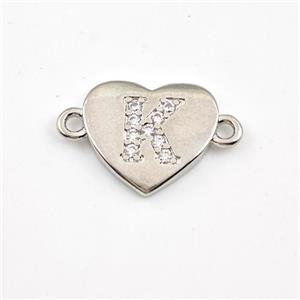 Copper Heart Connector Pave Zirconia Letter-K Platinum Plated, approx 12mm [FN44054]