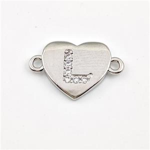 Copper Heart Connector Pave Zirconia Letter-L Platinum Plated, approx 12mm [FN44055]