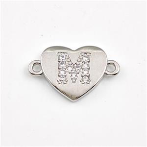 Copper Heart Connector Pave Zirconia Letter-M Platinum Plated, approx 12mm [FN44056]