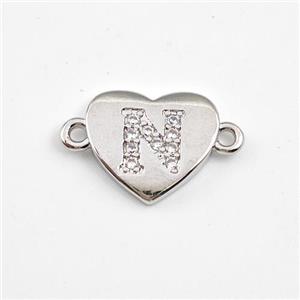 Copper Heart Connector Pave Zirconia Letter-N Platinum Plated, approx 12mm [FN44057]