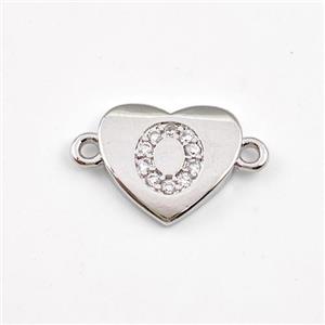 Copper Heart Connector Pave Zirconia Letter-O Platinum Plated, approx 12mm [FN44058]