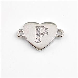 Copper Heart Connector Pave Zirconia Letter-P Platinum Plated, approx 12mm [FN44059]