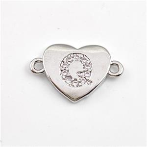 Copper Heart Connector Pave Zirconia Letter-Q Platinum Plated, approx 12mm [FN44060]