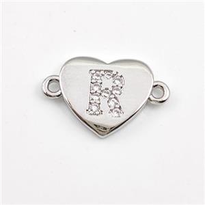 Copper Heart Connector Pave Zirconia Letter-R Platinum Plated, approx 12mm [FN44061]