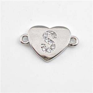 Copper Heart Connector Pave Zirconia Letter-S Platinum Plated, approx 12mm [FN44062]