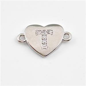 Copper Heart Connector Pave Zirconia Letter-T Platinum Plated, approx 12mm [FN44063]