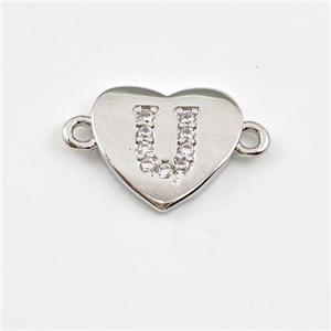 Copper Heart Connector Pave Zirconia Letter-U Platinum Plated, approx 12mm [FN44064]