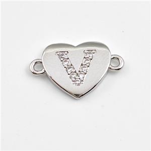 Copper Heart Connector Pave Zirconia Letter-V Platinum Plated, approx 12mm [FN44065]