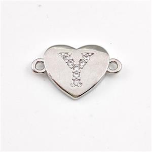 Copper Heart Connector Pave Zirconia Letter-Y Platinum Plated, approx 12mm [FN44068]